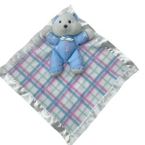 Vintage Teddy Bear Finger Puppet Lovey Security Blanket Blue Pajamas Plaid Satin